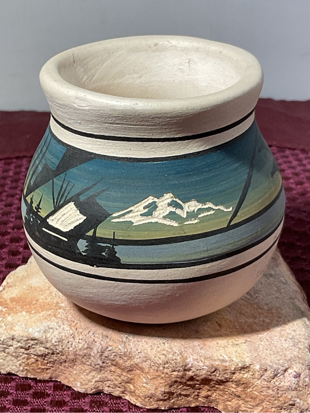 Hand-Painted White Ceramic Vase with Teal Landscape Band native hand crafted